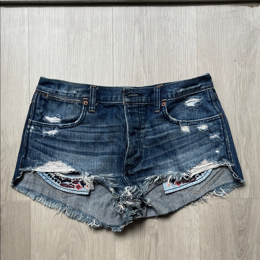 Abercrombie & Fitch Dark Blue Distressed Jean Shorts